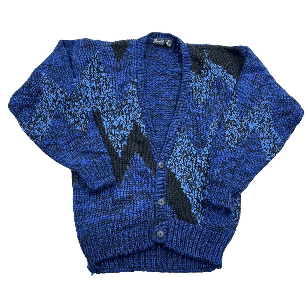 Vintage Cardigan Sweater Men Medium Blue Grandpa Cosby Geometric 80s 90s Funky